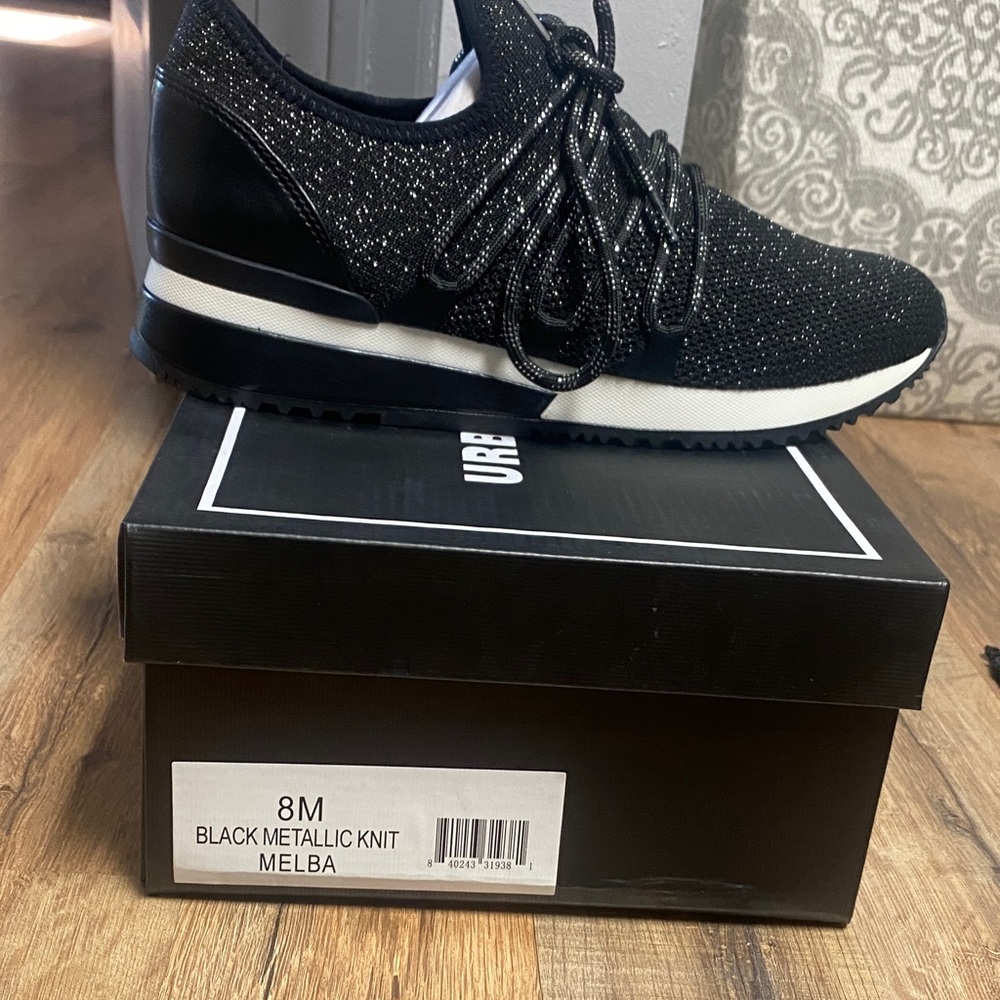 J Slides Black Metallic Knit Athletic Shoes